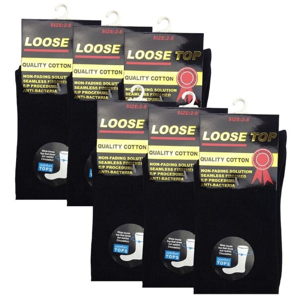 6x Pair COTTON Rich LOOSE TOP SOCKS Dress Medical Circulation Diabetic Comfort Black (2-8)