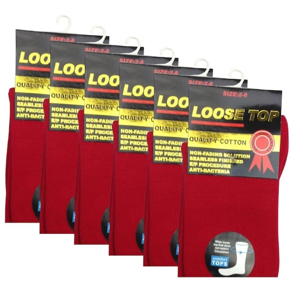 6x Pair COTTON Rich LOOSE TOP SOCKS Dress Medical Circulation Diabetic Comfort Red (2-8)