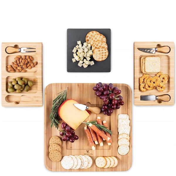 Cheese Board Set Platter Bamboo Including Slate Plate and 4 Cheese cutlery for picnic Wine tasting Cellar door Restaurant