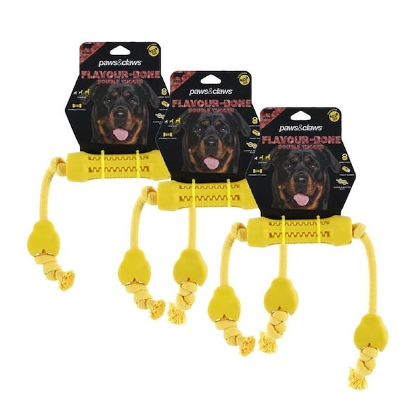 3x Paws & Claws 65cm Flavour-Bone Double Tugger Beef Flavoured Rubber Dog Toy YL