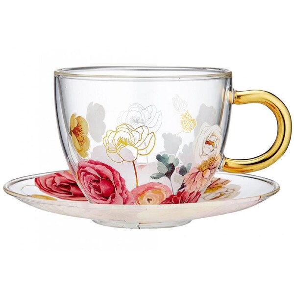 Ashdene Springtime Soiree Double Walled Glass Cup and Saucer 300ml