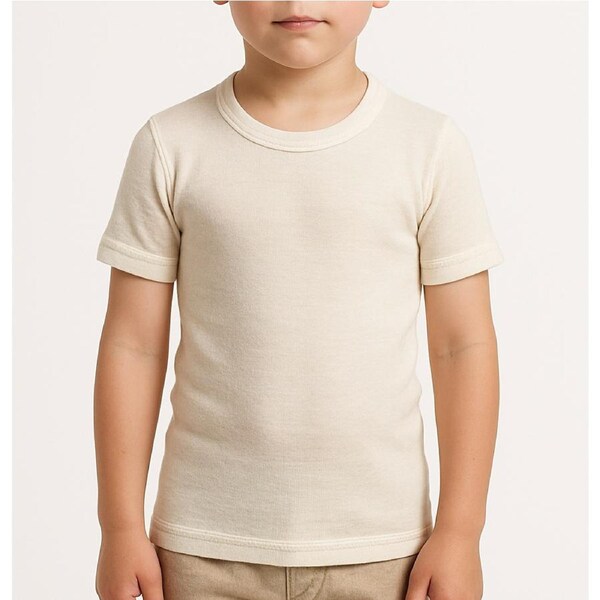Thermo Fleece Childrens Merino Wool Blend Thermal Underwear Kids Short Sleeve Tee Top - Natural 4