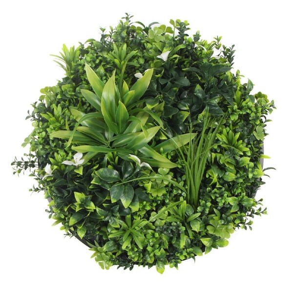 Flowering White Artificial Green Wall Disc UV Resistant 50cm (Black Frame)