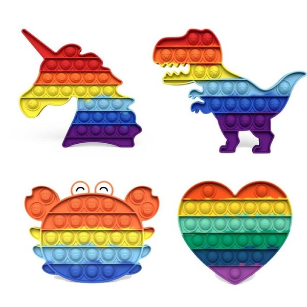 Pop It Fidget Sensory Toy Set - Unicorn Crab Heart Dinosaur Silicone Push Bubble Popping Toys for Kids - 4-Pack