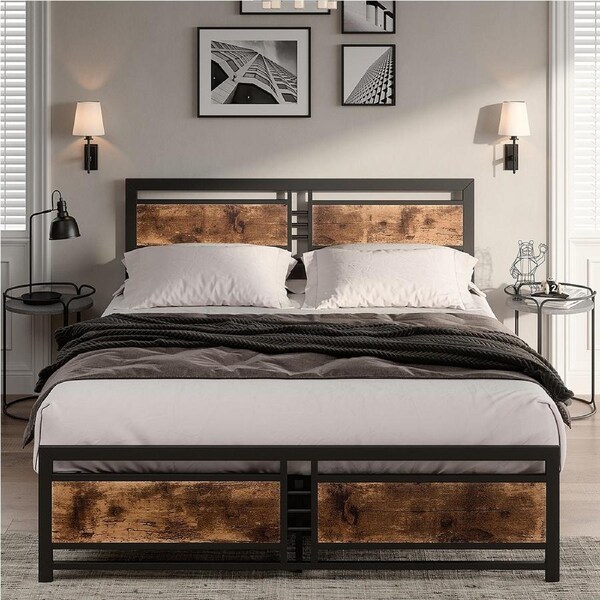 Levede Metal Bed Frame Queen with Wooden Headboard Industrial Style