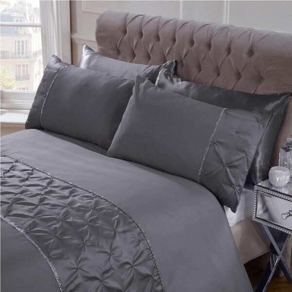 Grey Color Pintuck Diamante Diamond Band Soft Quilt Doona Duvet Cover PIllowcase Set King Single