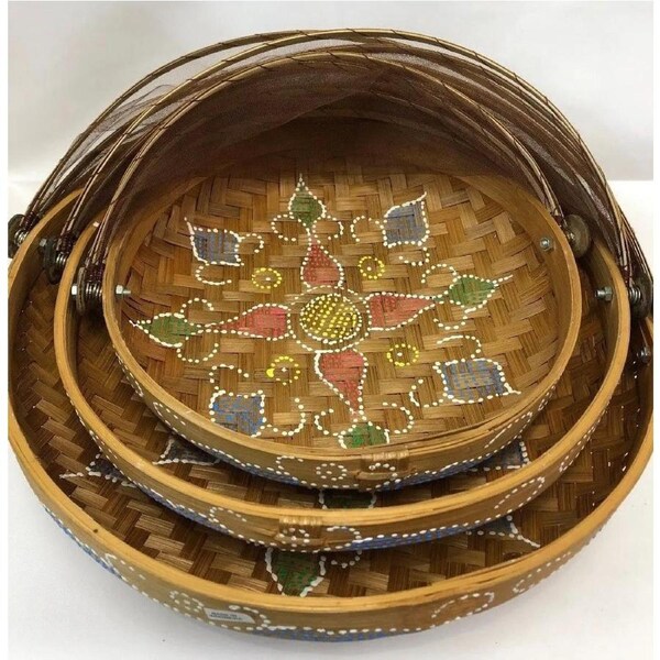 Bamboo Net Basket Round Set of 3 Picnic Cover Plate Prevent Insects Food Storage BHW07