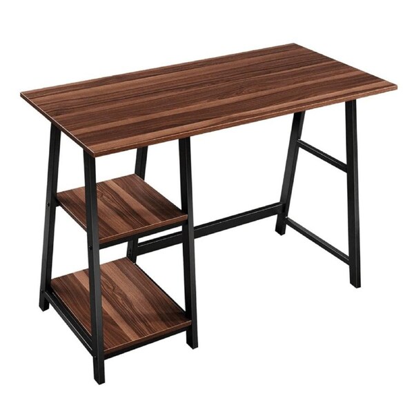 Design Square Office Study Writing Computer Desk Metal Frame W/ 2 Storage Shelves - Dark Walnut