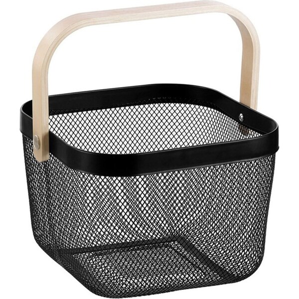 Boxsweden 25x25x17cm Mesh Home Storage Basket/Organiser w/Wooden Handle Black