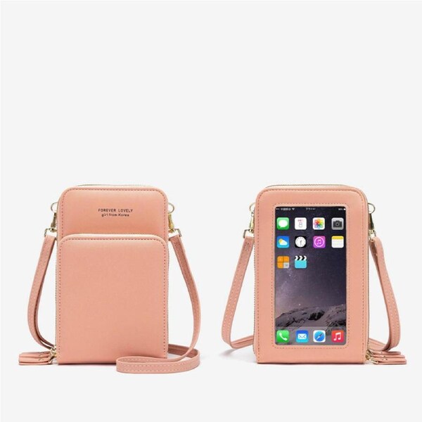 Women PU Leather Touch Screen Phone Bag Purse Crossbody Phone Wallet Bag Pouch Pink
