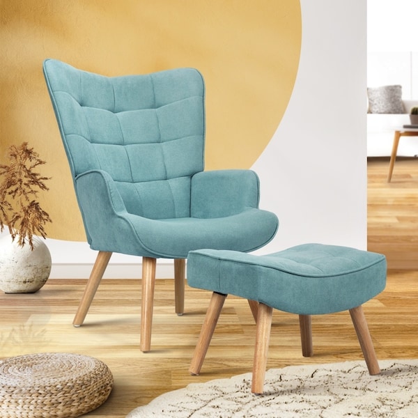 Oikiture Armchair Lounge Chair Ottoman Accent Armchairs Fabric Sofa Chairs Blue