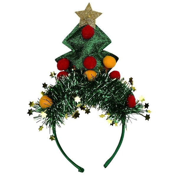 Green Christmas Tree Headband With Tinsel, Balls & Star - One Size Fits Most