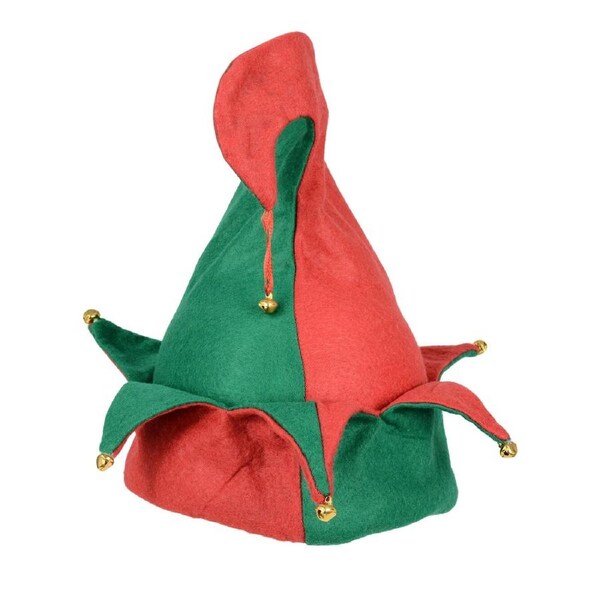 Red & Green Traditional Christmas Elf Hat With Jingle Bells - One Size Fits Most