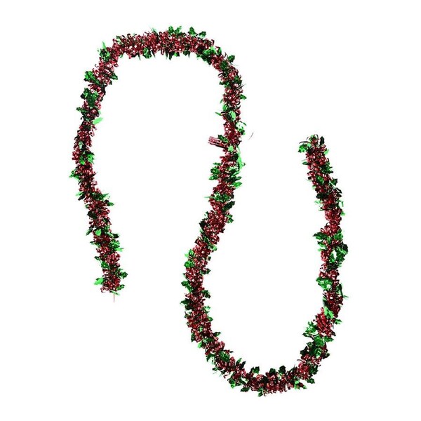 2.7m Shiny Red Ribbon Look & Green Holly Leaf 4ply 90mm Tinsel Garland
