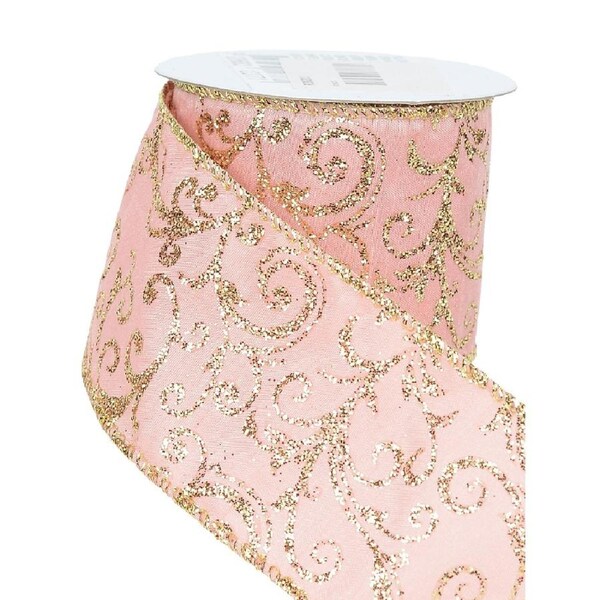 3m Pink Wide Cut Ribbon With Gold Filigree Pattern