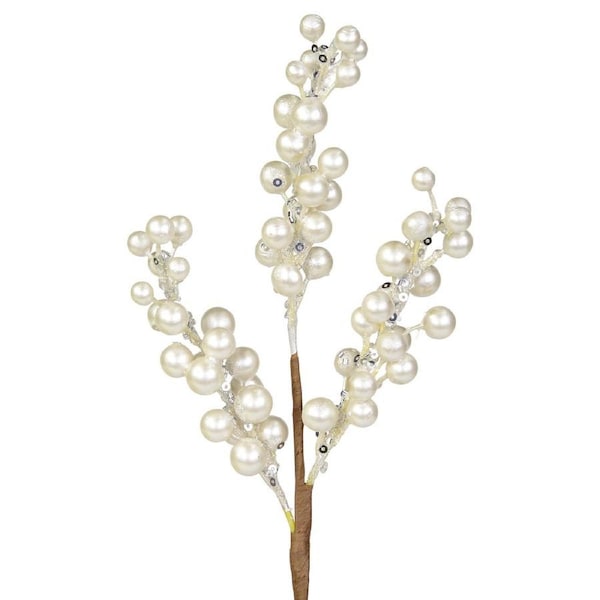 33cm White Pearl Berries Spray With Silver Sequins Christmas Tree Stem Pick