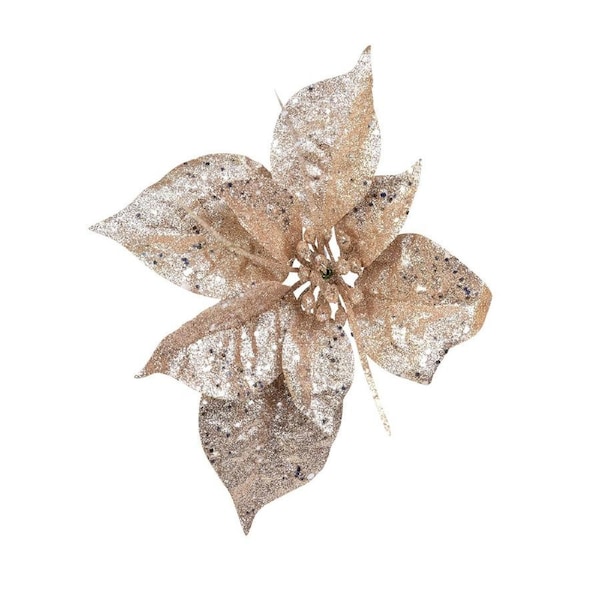 17cm Rose Gold Glitter & Sequin Poinsettia Flower Christmas Tree Clip Pick