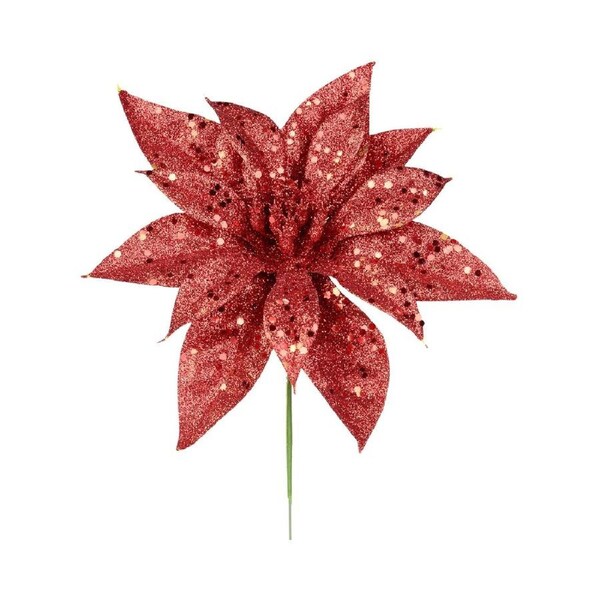 19cm Red Glitter & Sequin Poinsettia Flower Christmas Tree Stem Pick