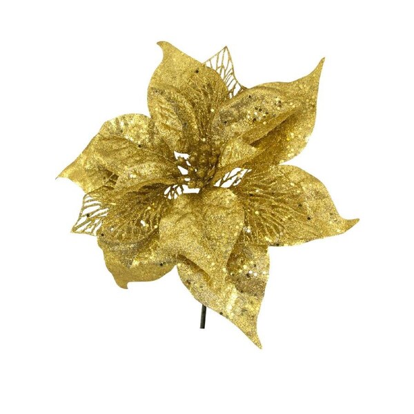 26cm Gold Poinsettia Flower Christmas Tree Clip Pick With Sequins & Glitter