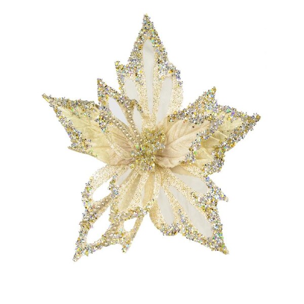 23cm Soft Gold Poinsettia Flower With Diamantes Christmas Tree Clip Pick