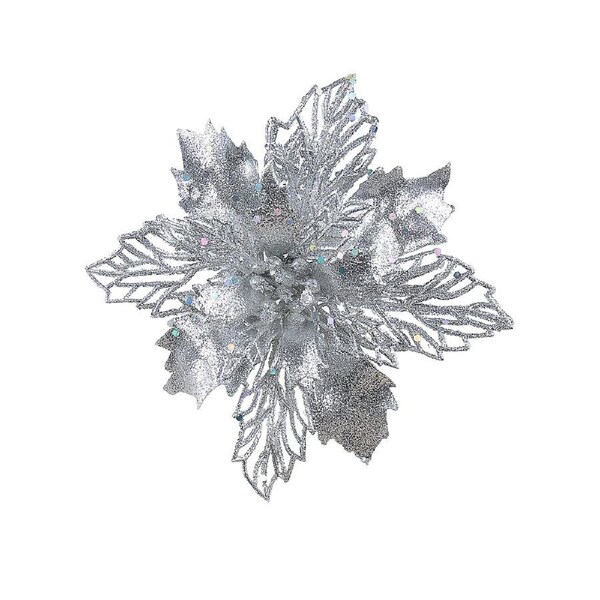 18cm Silver Bract & Leaf Poinsettia Flower Christmas Tree Clip Pick