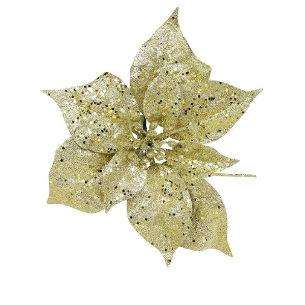 17cm Champagne Gold Glitter Poinsettia Flower Christmas Tree Stem Pick