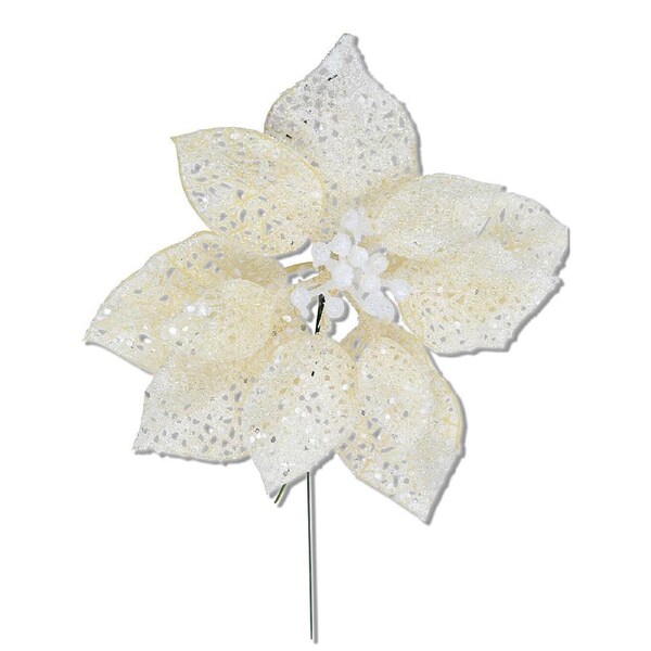 17cm Cream Iridescent Filigree Poinsettia Flower Christmas Tree Stem Pick