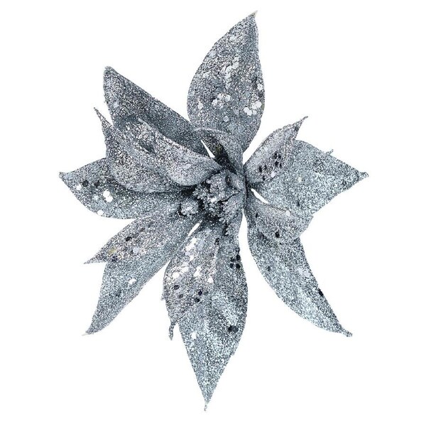 19cm Silver Glitter & Sequin Poinsettia Flower Christmas Tree Stem Pick