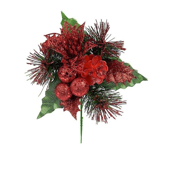 17cm Red Glitter Berries, Pinecone, Flower & Foliage Christmas Tree Stem Pick