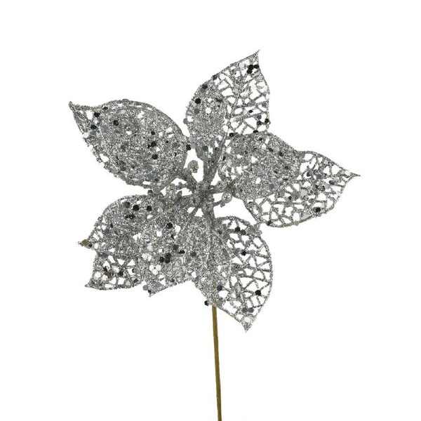 17cm Silver Perforate Petal Poinsettia Flower With Glitter Christmas Stem Pick