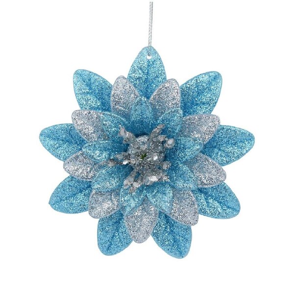 11cm Silver & Blue Glitter Lotus Flower Christmas Tree Ornament
