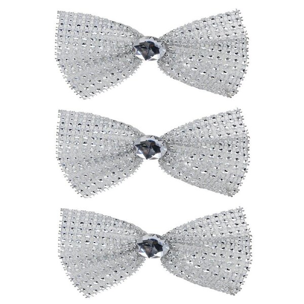 3x 11cm Silver Mesh Bowties With Diamante Christmas Tree Clip Ornaments