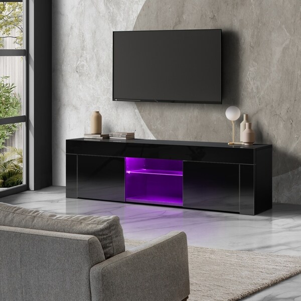 Oikiture TV Cabinet Entertainment Unit Stand RGB LED Gloss Furniture Black 130cm