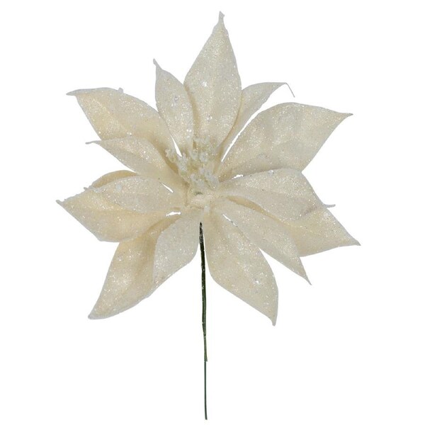 17cm Cream With Silver Glitter Poinsettia Flower Christmas Tree Stem Pick