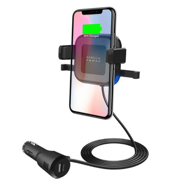 mbeat Gorilla Power 10W Wireless Car Charger with 2.4A USB Charging, Air Vent Clip & Windshield Stand