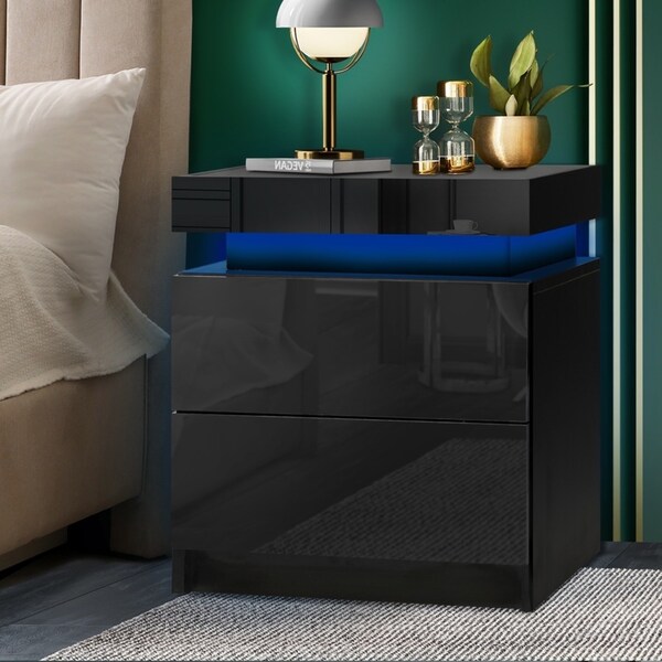 Oikiture Bedside Table RGB LED Nightstand Cabinet 2 Drawers Side Table Furniture