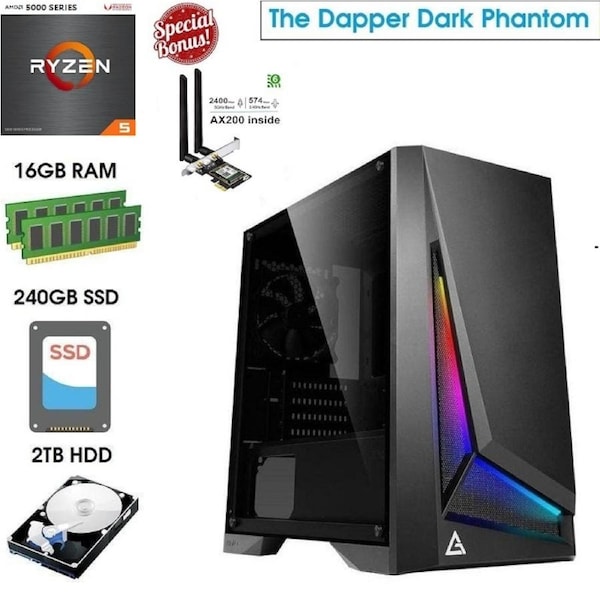 AMD Ryzen 5 16GB RAM 240GB SSD 2TB HDD WiFi 6 Computer System Office Desktop PC [5600GT-16G2T-DP301M-NO]