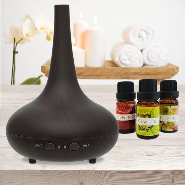 Essential Oil Diffuser Ultrasonic Humidifier Aromatherapy LED Light 200ML 3 Oils 15 x 15 x 20cm Dark Wood Grain