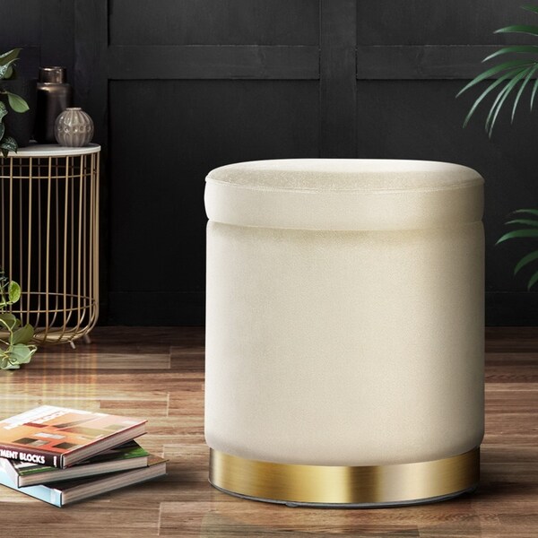 1 Artiss Ottoman Storage Foot Stool Round Velvet Cream
