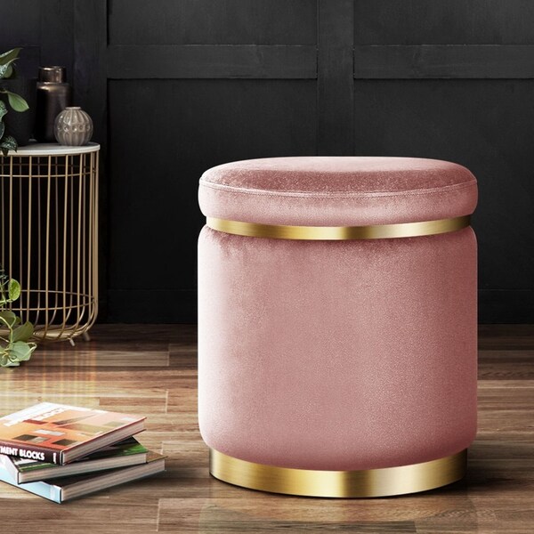 1 Artiss Ottoman Foot Stool Round Velvet Pink