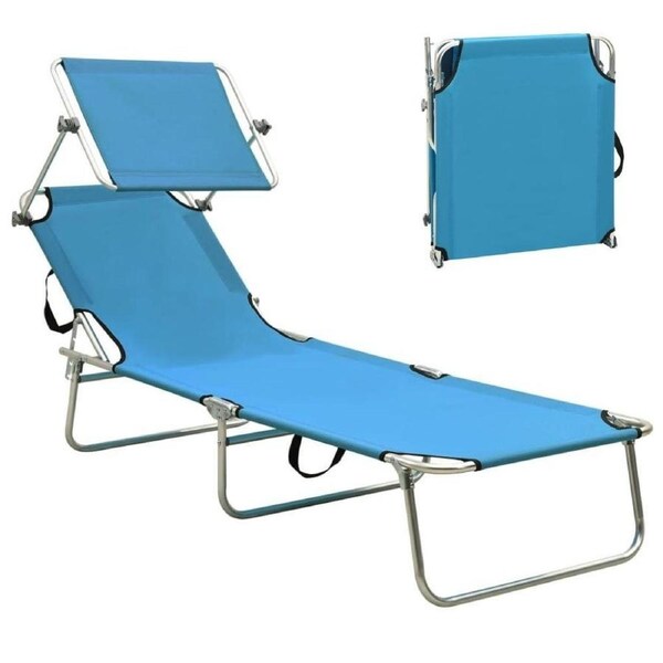 Folding Sun Lounger Recliner Outdoor Beach Deck Garden Chair With Canopy Blue