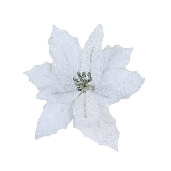 14cm White Fabric & Glitter Bracts Poinsettia Flower Christmas Tree Stem Pick