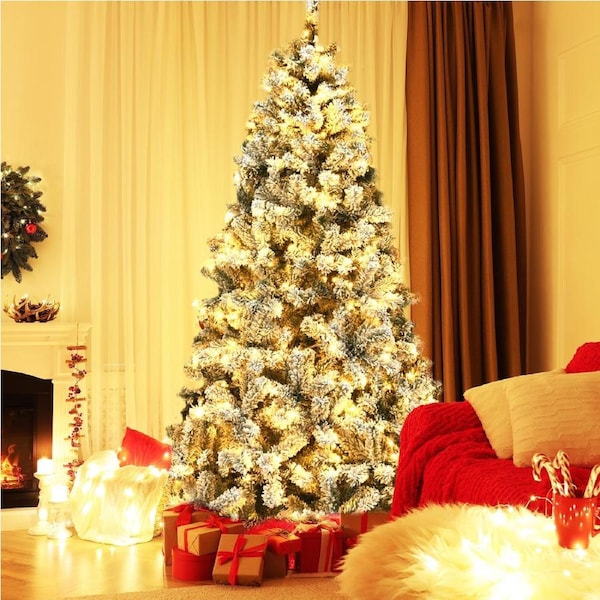 Costway 1.8M/6FT Pre Lit Christmas Tree LED Snowy Xmas Tree Hinged Party Home Decor White Gift