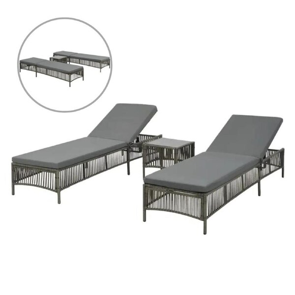 Set Of 2 Outdoor Lounger With Table Cushion Stylish Rattan Sun Bed Chaise Lounge