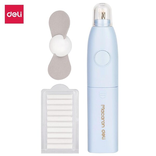 DELI School Stationary 2 in 1 Automatic Electric Pencil Eraser Kit with 10pcs Replaceable Rubber Refills Highlights Sketch Drawing Blue