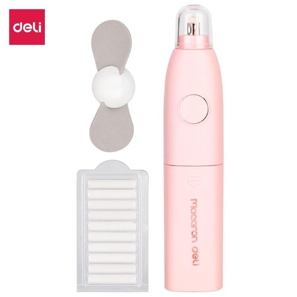 DELI School Stationary 2 in 1 Automatic Electric Pencil Eraser Kit with 10pcs Replaceable Rubber Refills Highlights Sketch Drawing Pink