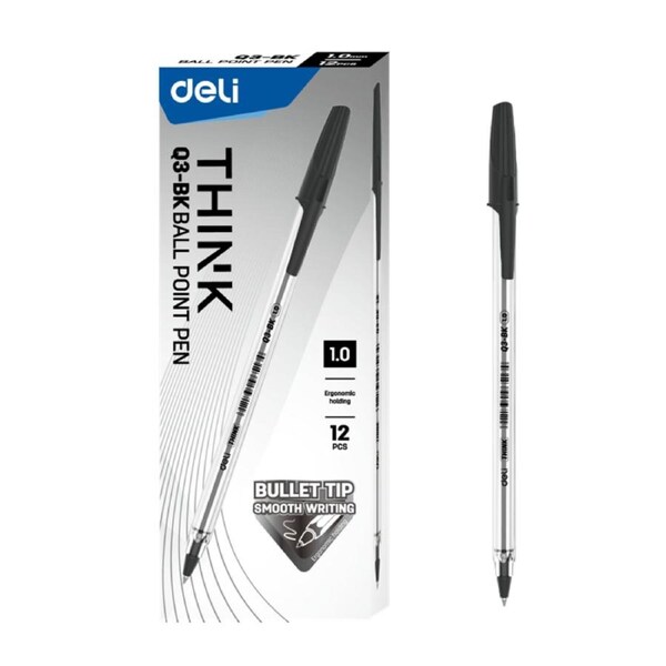 DELI 1.0mm Ballpoint Pen for School Stationary Office Smooth Writing Tools Stationery Supplies Refills Ball Pens 12 PCS Pack Black