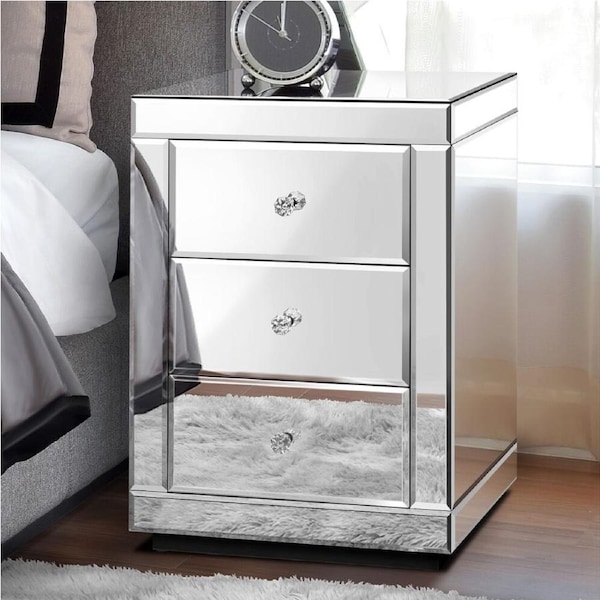 ALFORDSON Mirrored Bedside Table 3 Drawers Silver