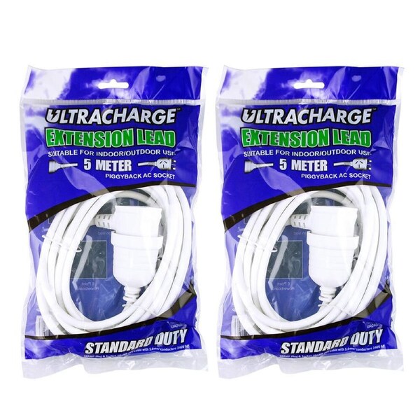 2x Ultracharge 5m Cord Extension Power 10A Lead AU/NZ Cable w/Piggy Back Plug WH