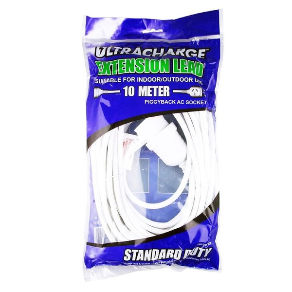 Ultracharge 10m Cord Extension Power 10A Lead AU/NZ Cable w/ Piggy Back Plug WHT